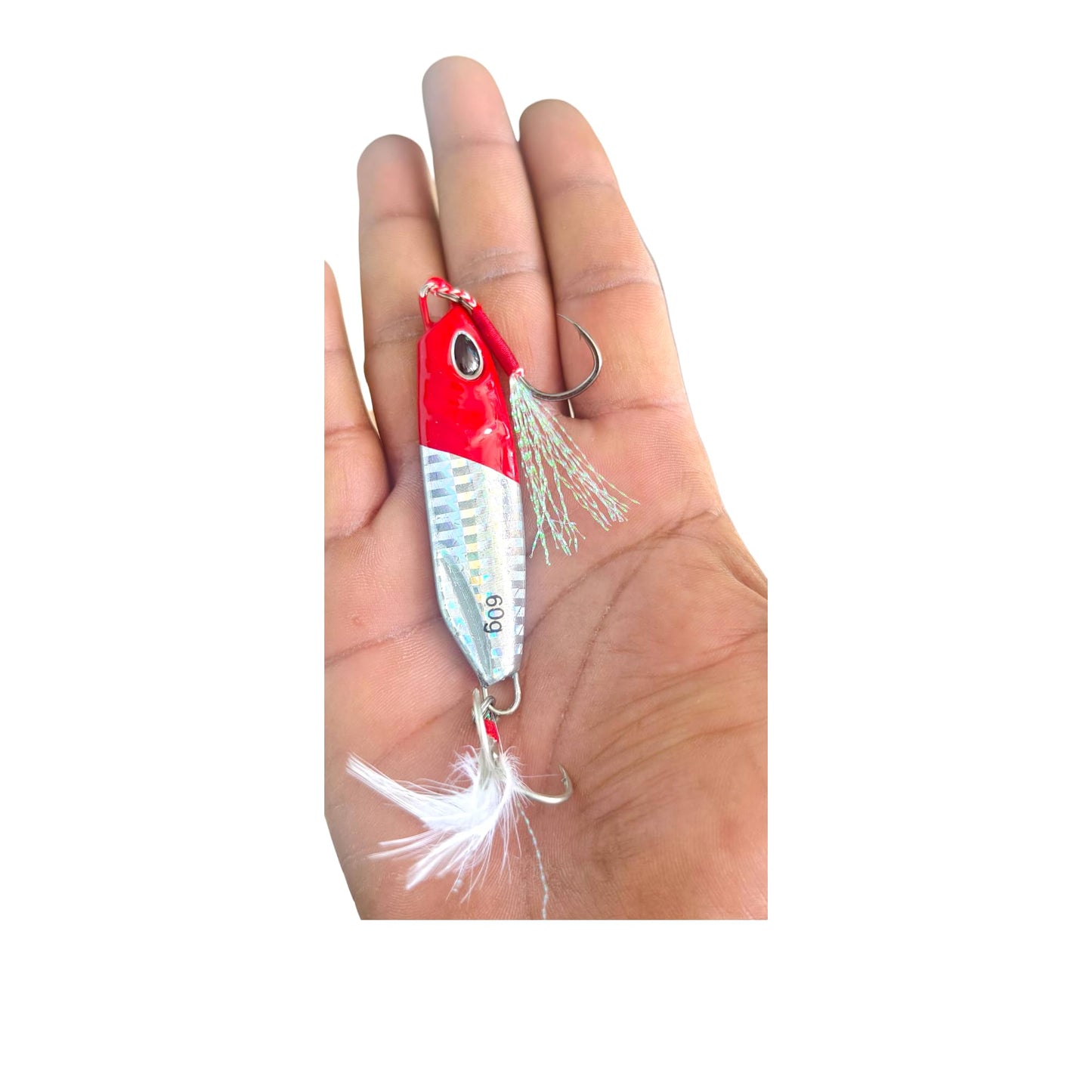 Fishmen Jig 50g Fishing Lure with Strong 3X Skirted Assist Hook, Treble Hooks, Realistic Eyes, Glossy Skirt for Jigging and Spinning