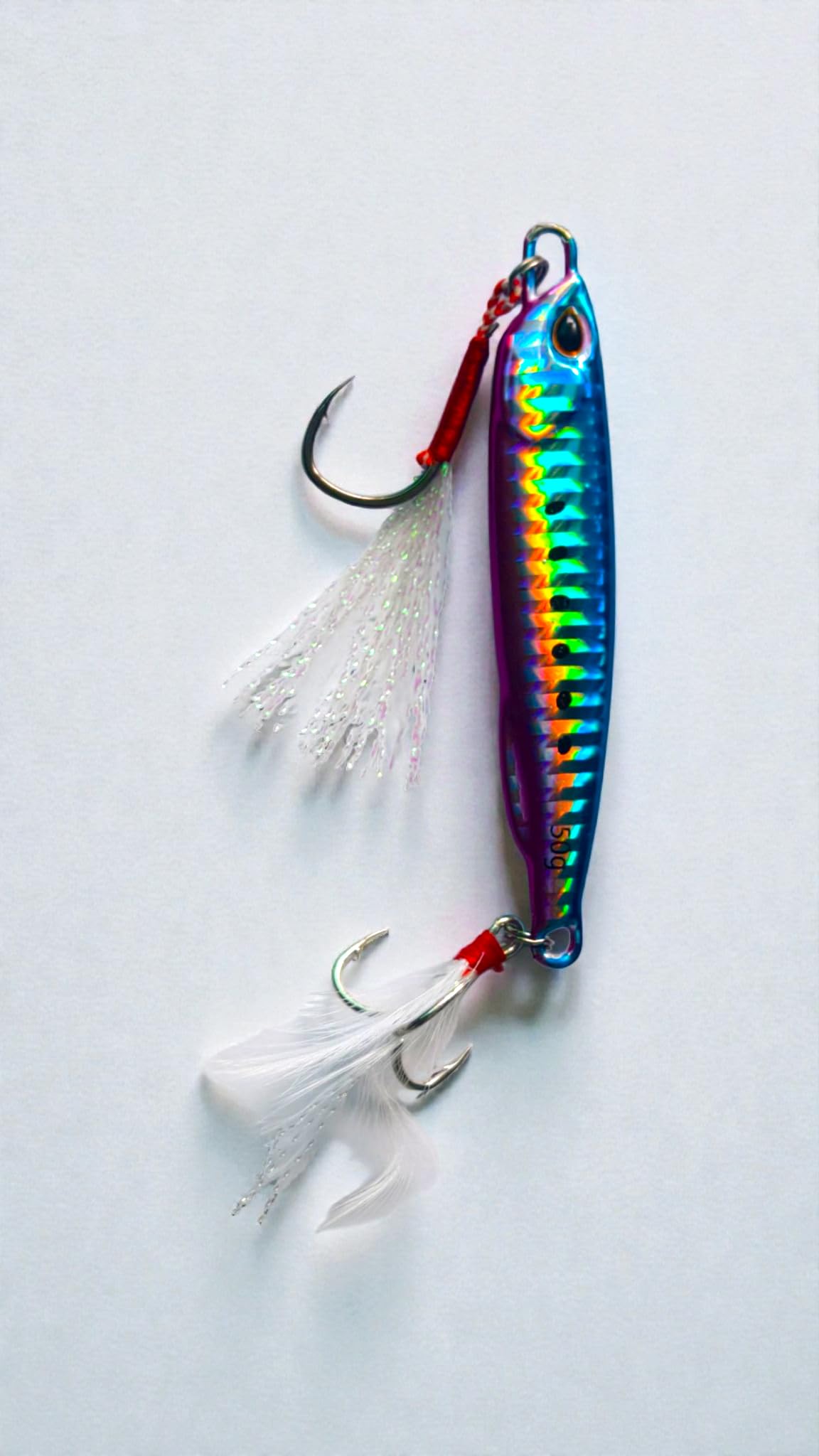 Fishmen Metal Jig Lure, Blue and Pink, 50 Gram, for Jigging and Spinning, Skirted 3X Treble Hook with Shiny Tinsel, Realistic Eyes, Quick Sinking