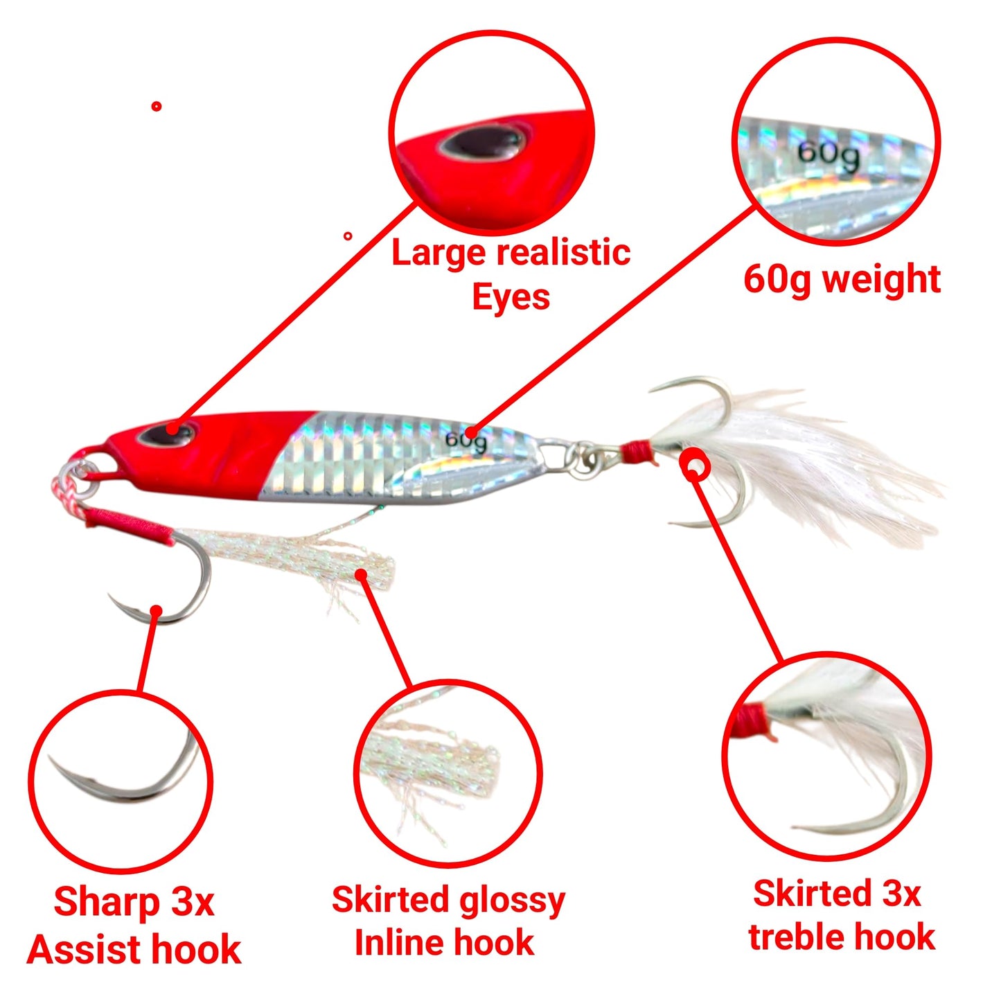 Premium Jigging Fishing Lure with Realistic Eyes, 60g Weight, Sharp 3X Treble Hooks, Skirted Glossy Finish, Assist Hook for Deep Sea Fishing