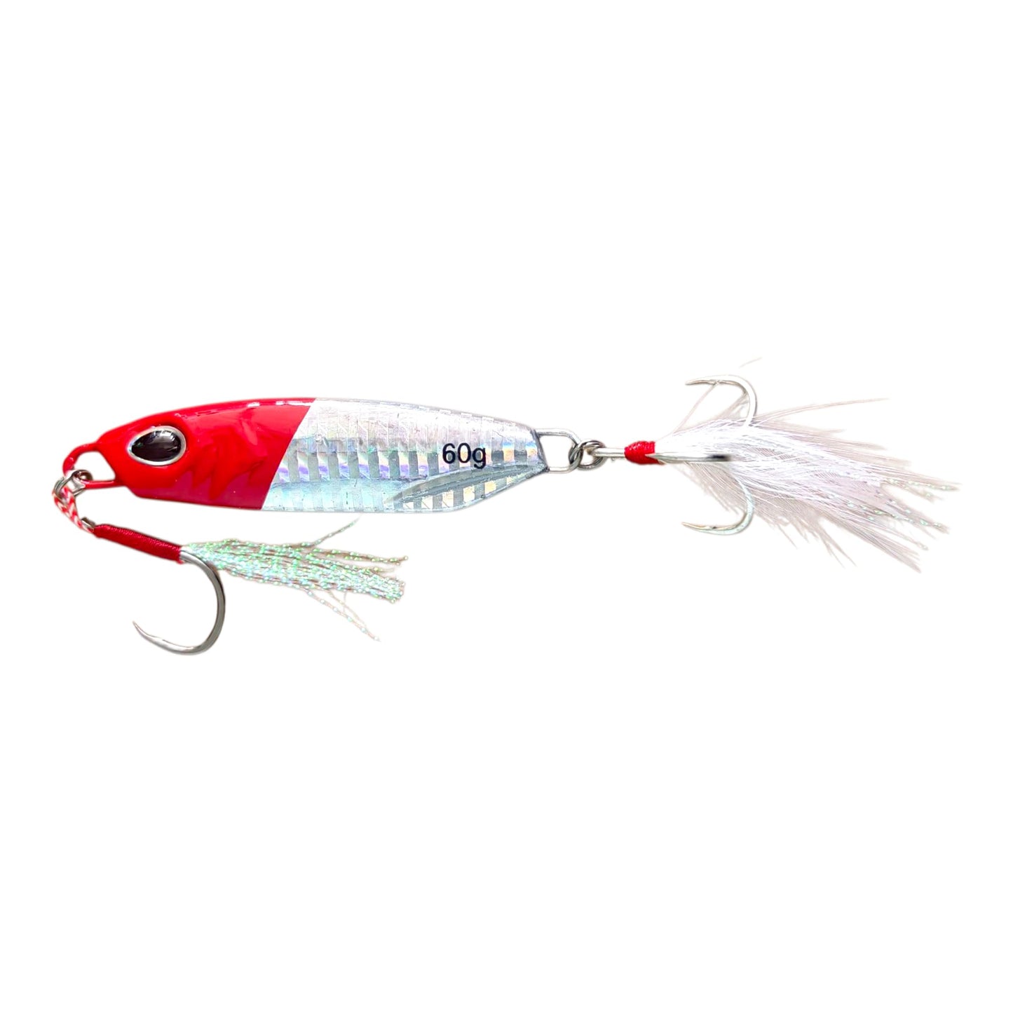 Premium Jigging Fishing Lure with Realistic Eyes, 60g Weight, Sharp 3X Treble Hooks, Skirted Glossy Finish, Assist Hook for Deep Sea Fishing