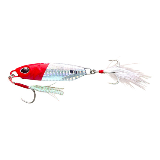 Premium Jigging Fishing Lure with Realistic Eyes, 60g Weight, Sharp 3X Treble Hooks, Skirted Glossy Finish, Assist Hook for Deep Sea Fishing