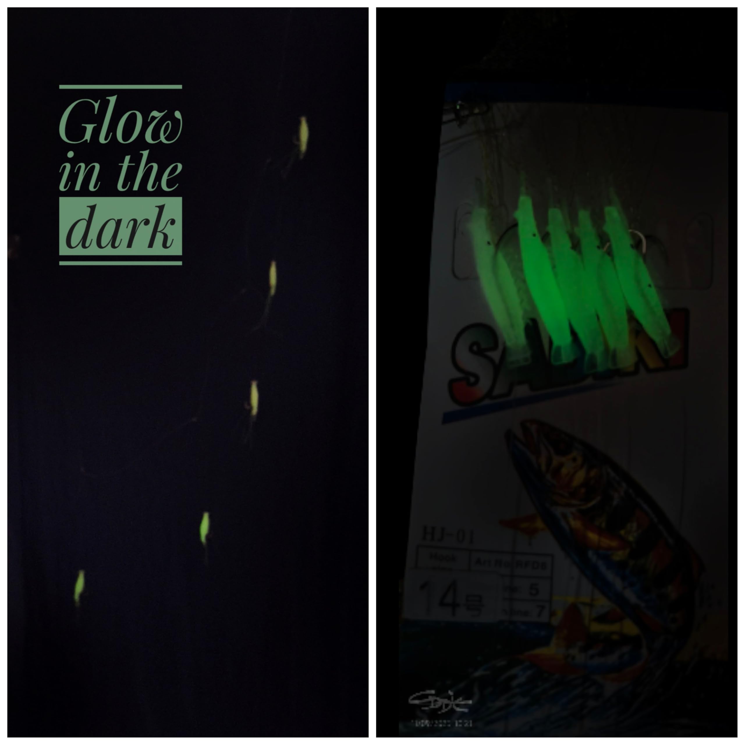 Sabiki Fishing Rig with Glow in Dark Shrimp Design, Sharp Hooks, Snap and Swivel Attachments for Mail Line and Sinker, Size 14 Hook