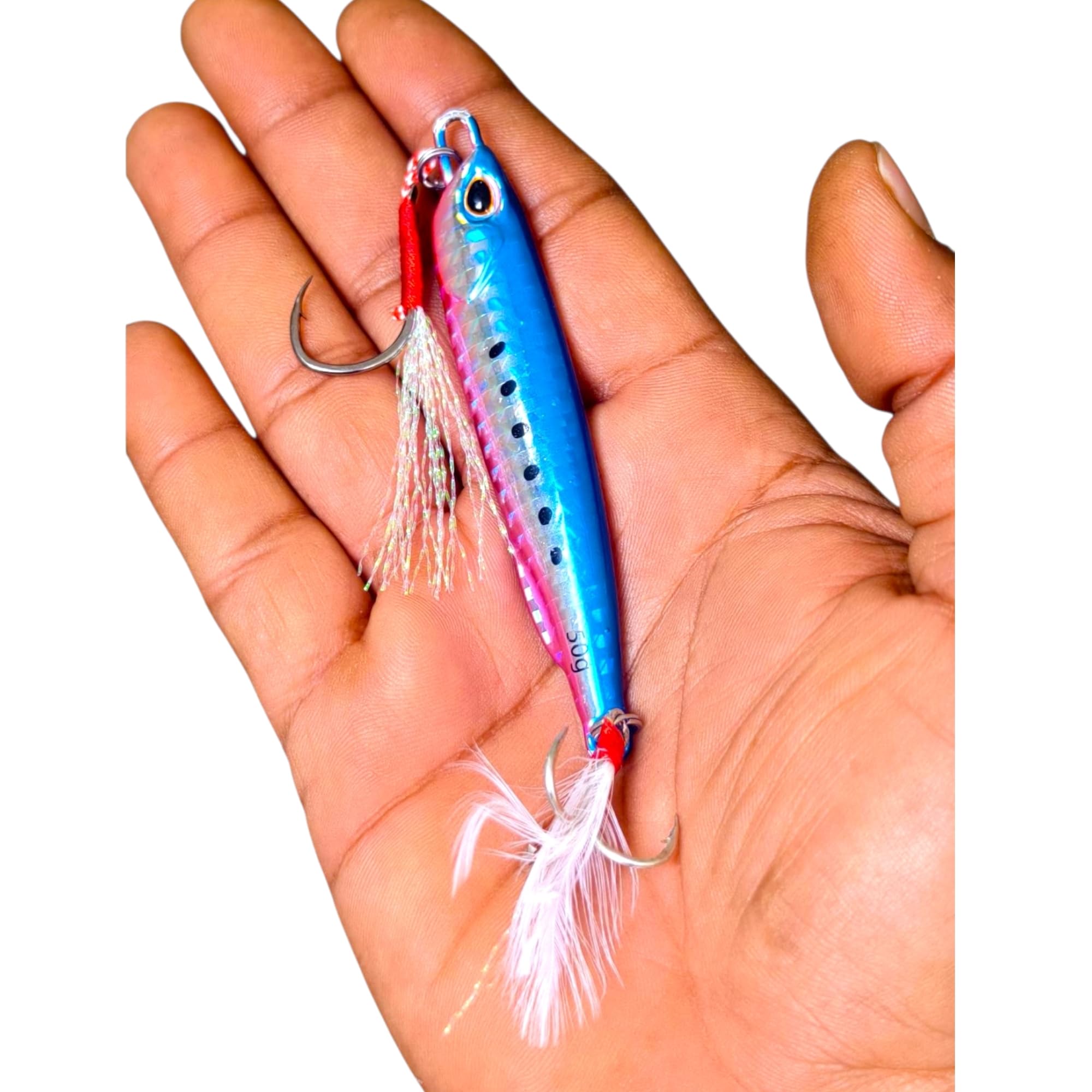 Fishmen Jig Fishing Lure, Blue Pink, 60 Gram, Skirted 3X Treble Hook with Shiny Tinsel, Sharp Needle Point Assist Hook, Realistic Large Eyes, for Jigging and Spinning