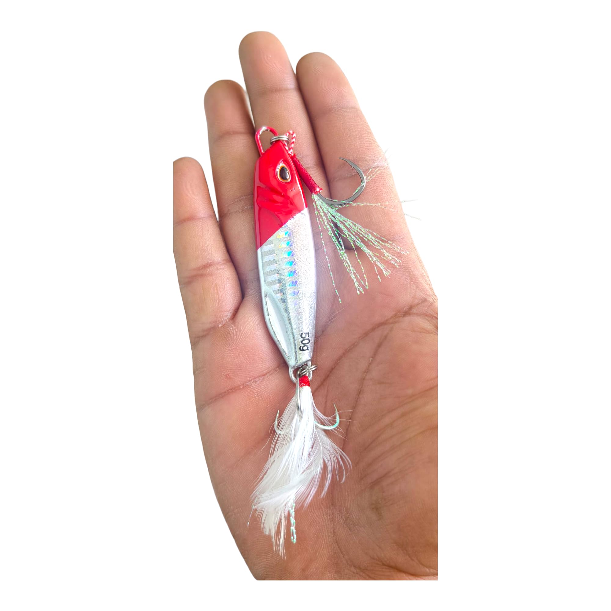 Fishmen Jig Red Head Fishing Lure, 50gm, with Realistic Eyes, Strong 3X Skirted Assist Hook, Glossy Skirt, Treble Hooks