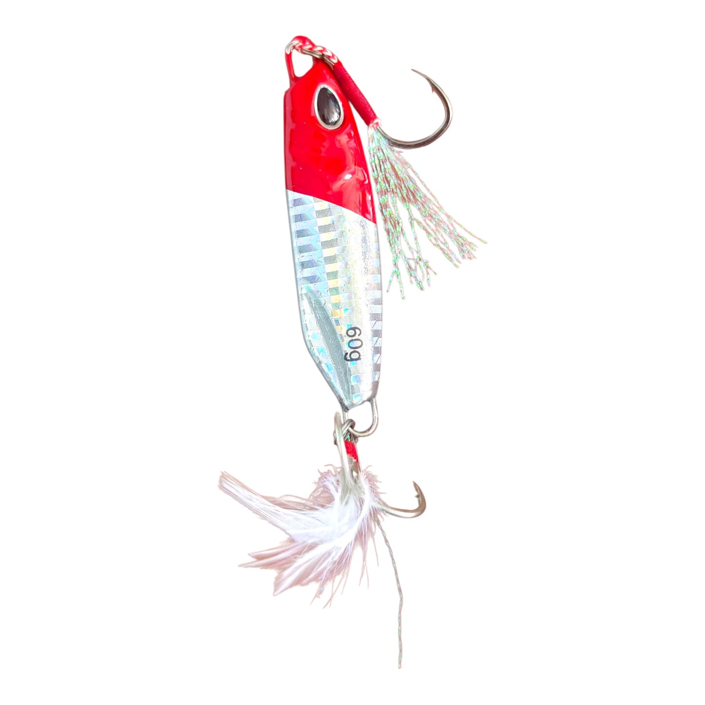 Premium Jigging Fishing Lure with Realistic Eyes, 60g Weight, Sharp 3X Treble Hooks, Skirted Glossy Finish, Assist Hook for Deep Sea Fishing