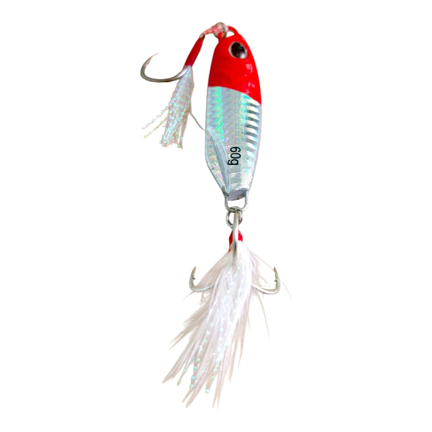 Premium Jigging Fishing Lure with Realistic Eyes, 60g Weight, Sharp 3X Treble Hooks, Skirted Glossy Finish, Assist Hook for Deep Sea Fishing