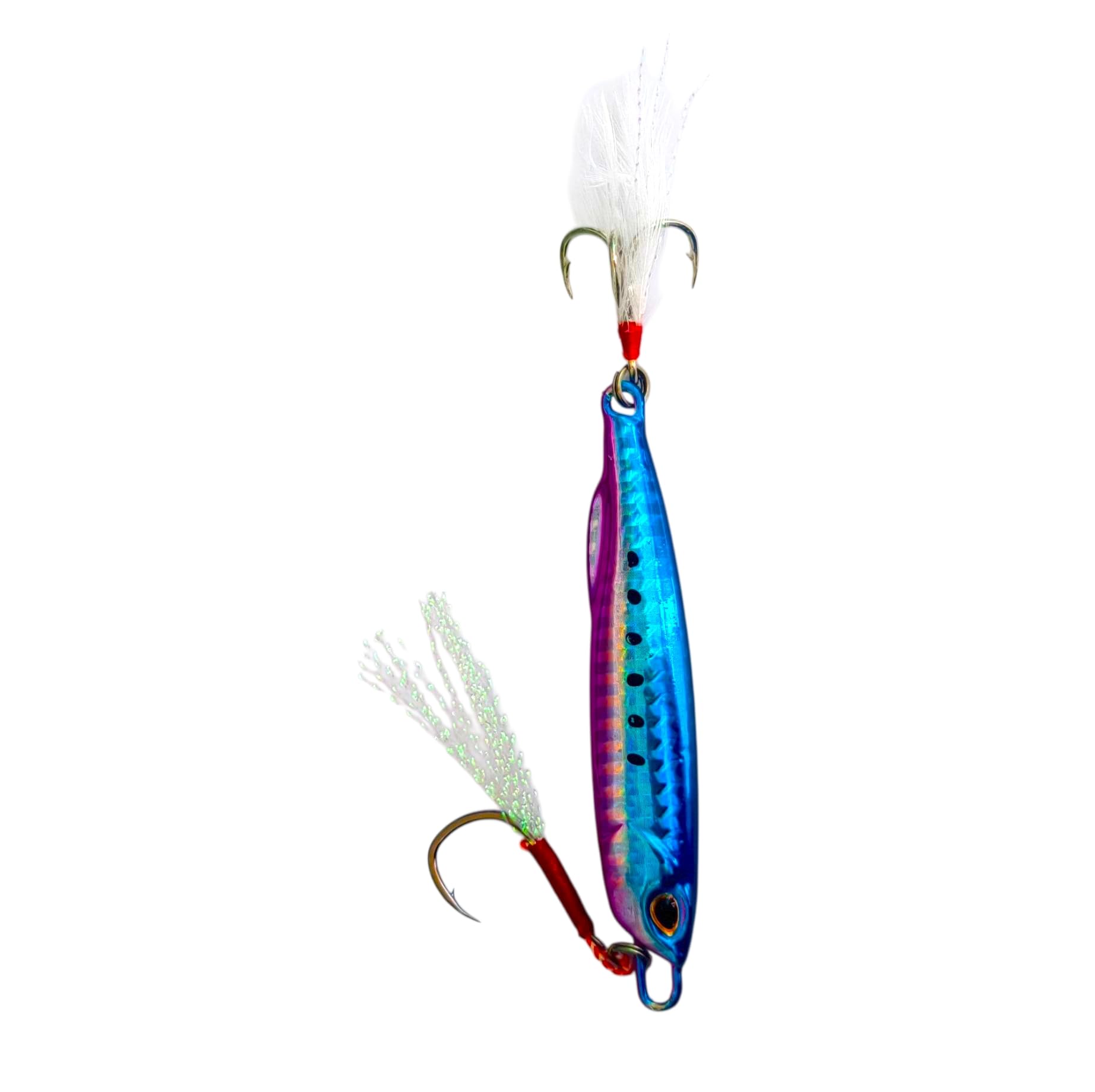 Fishmen Jig Fishing Lure, Blue Pink, 60 Gram, Skirted 3X Treble Hook with Shiny Tinsel, Sharp Needle Point Assist Hook, Realistic Large Eyes, for Jigging and Spinning