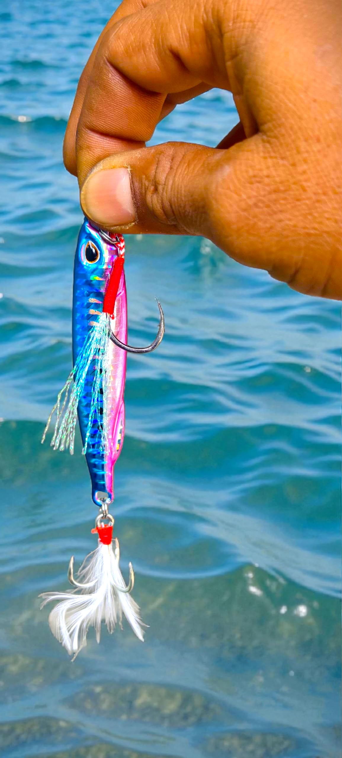Fishmen Metal Jig Lure, Blue and Pink, 50 Gram, for Jigging and Spinning, Skirted 3X Treble Hook with Shiny Tinsel, Realistic Eyes, Quick Sinking