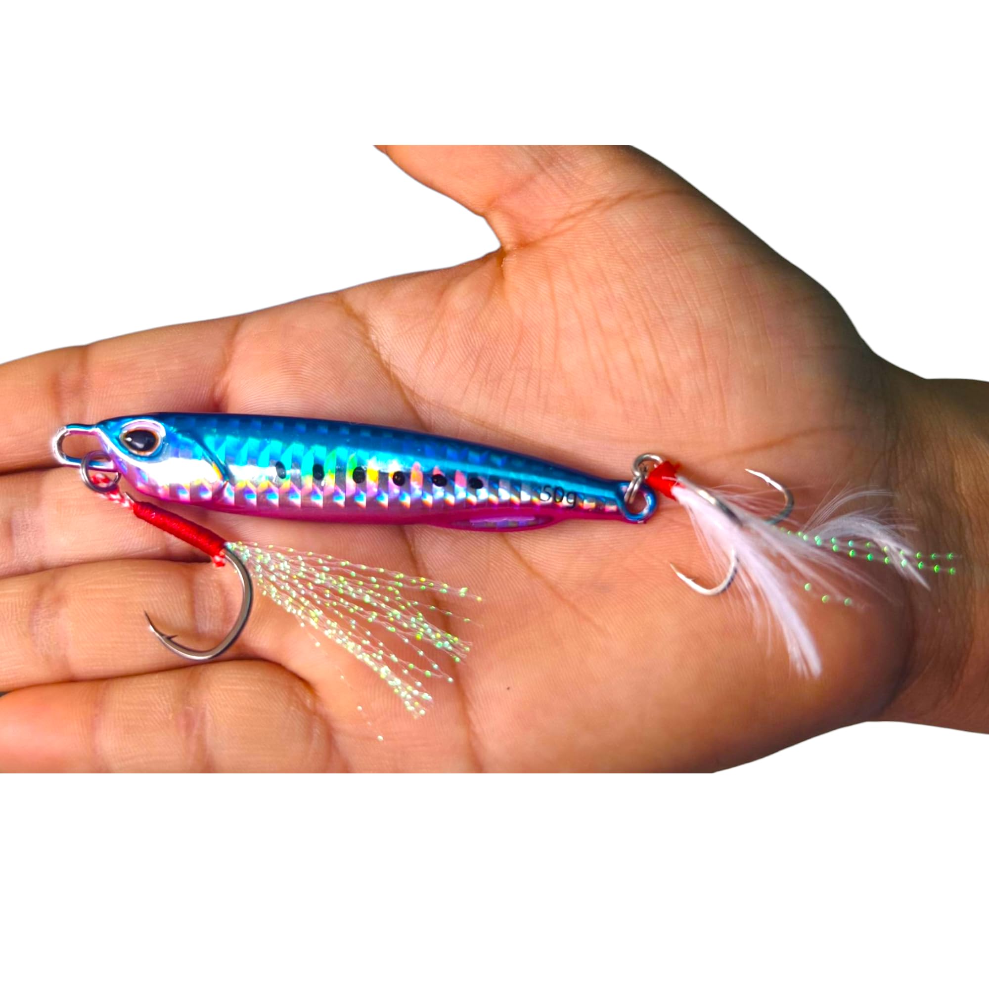 Fishmen Metal Jig Lure, Blue and Pink, 50 Gram, for Jigging and Spinning, Skirted 3X Treble Hook with Shiny Tinsel, Realistic Eyes, Quick Sinking