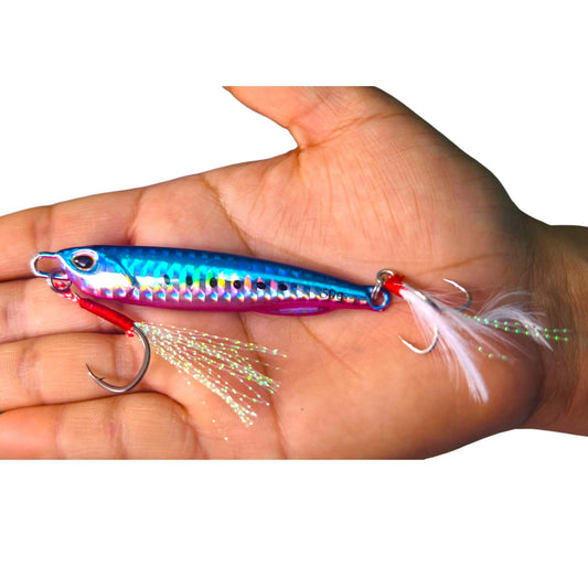 Fishmen Metal Jig Lure, Blue and Pink, 50 Gram, for Jigging and Spinning, Skirted 3X Treble Hook with Shiny Tinsel, Realistic Eyes, Quick Sinking