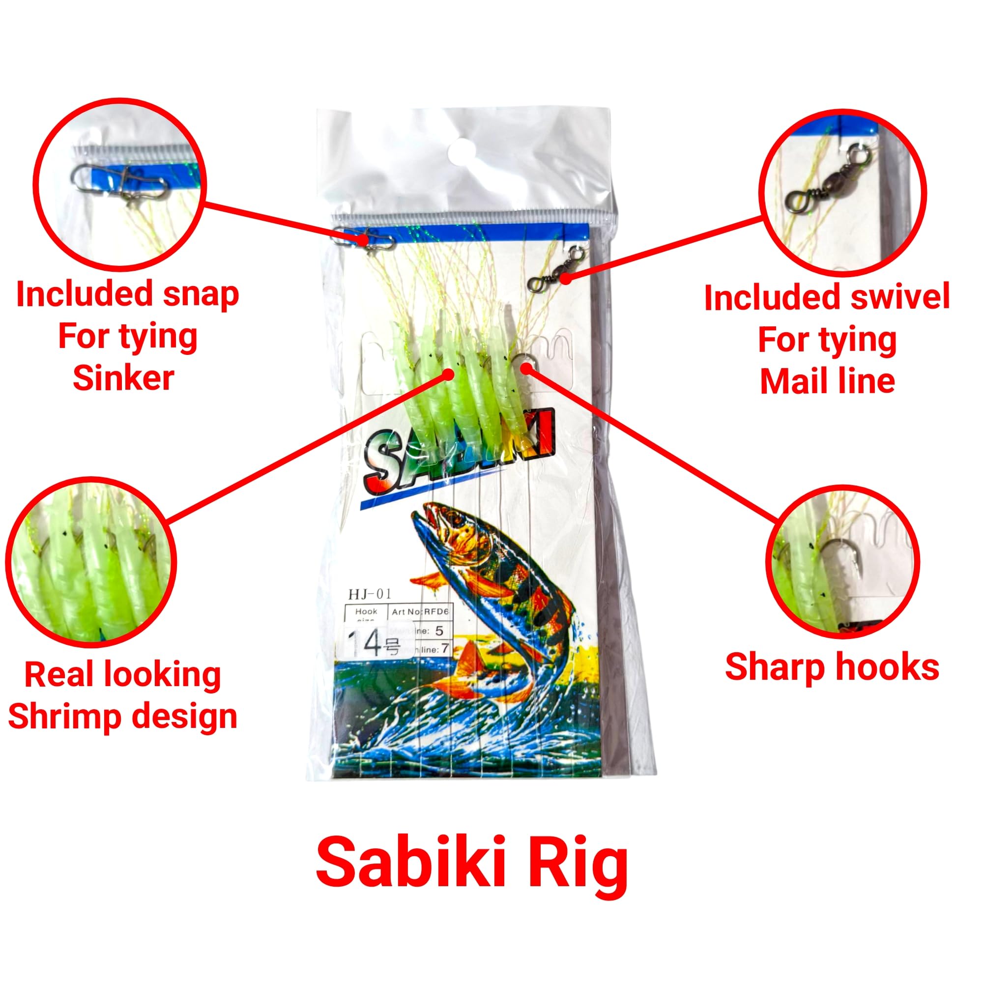 Sabiki Fishing Rig with Glow in Dark Shrimp Design, Sharp Hooks, Snap and Swivel Attachments for Mail Line and Sinker, Size 14 Hook