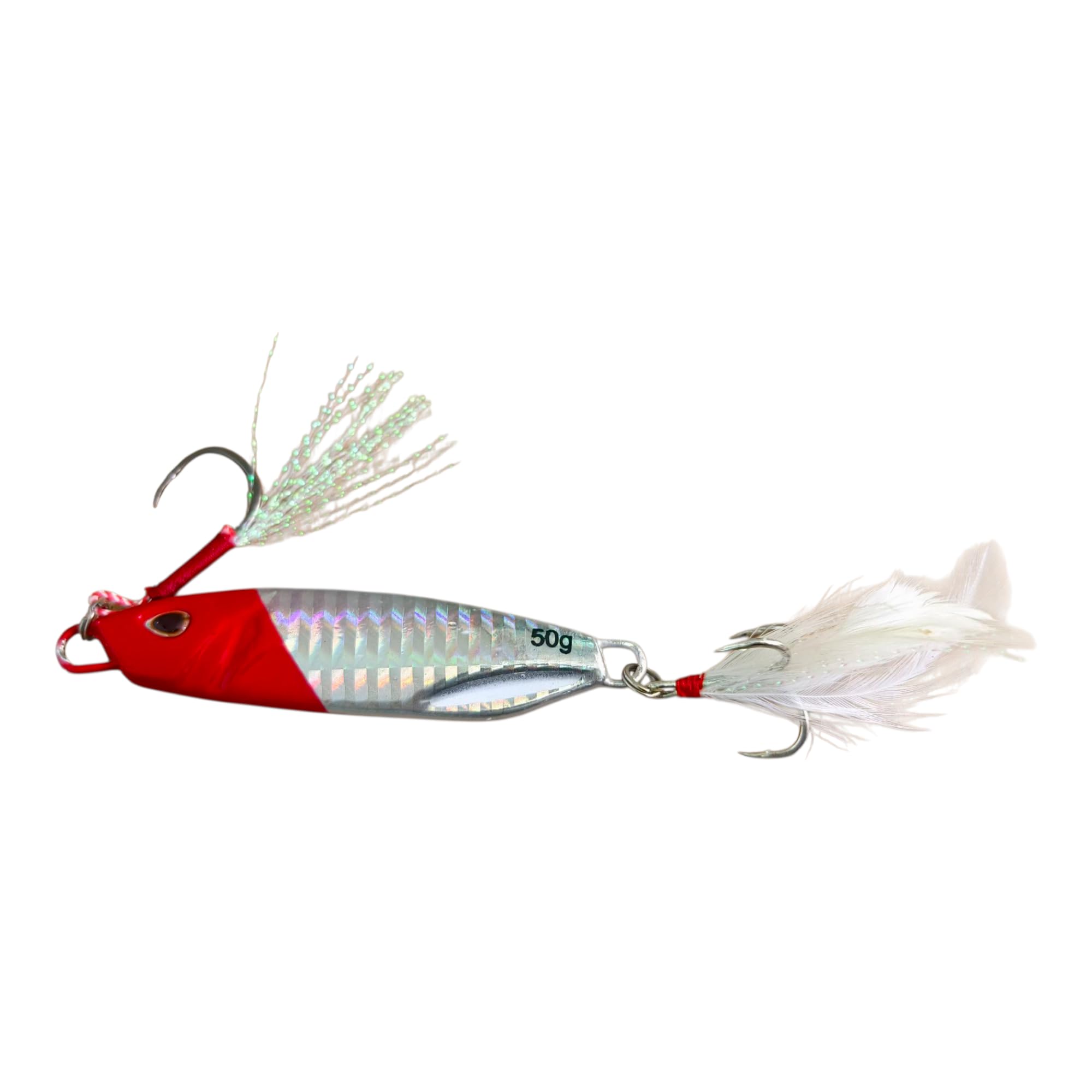 Fishmen Jig Red Head Fishing Lure, 50gm, with Realistic Eyes, Strong 3X Skirted Assist Hook, Glossy Skirt, Treble Hooks