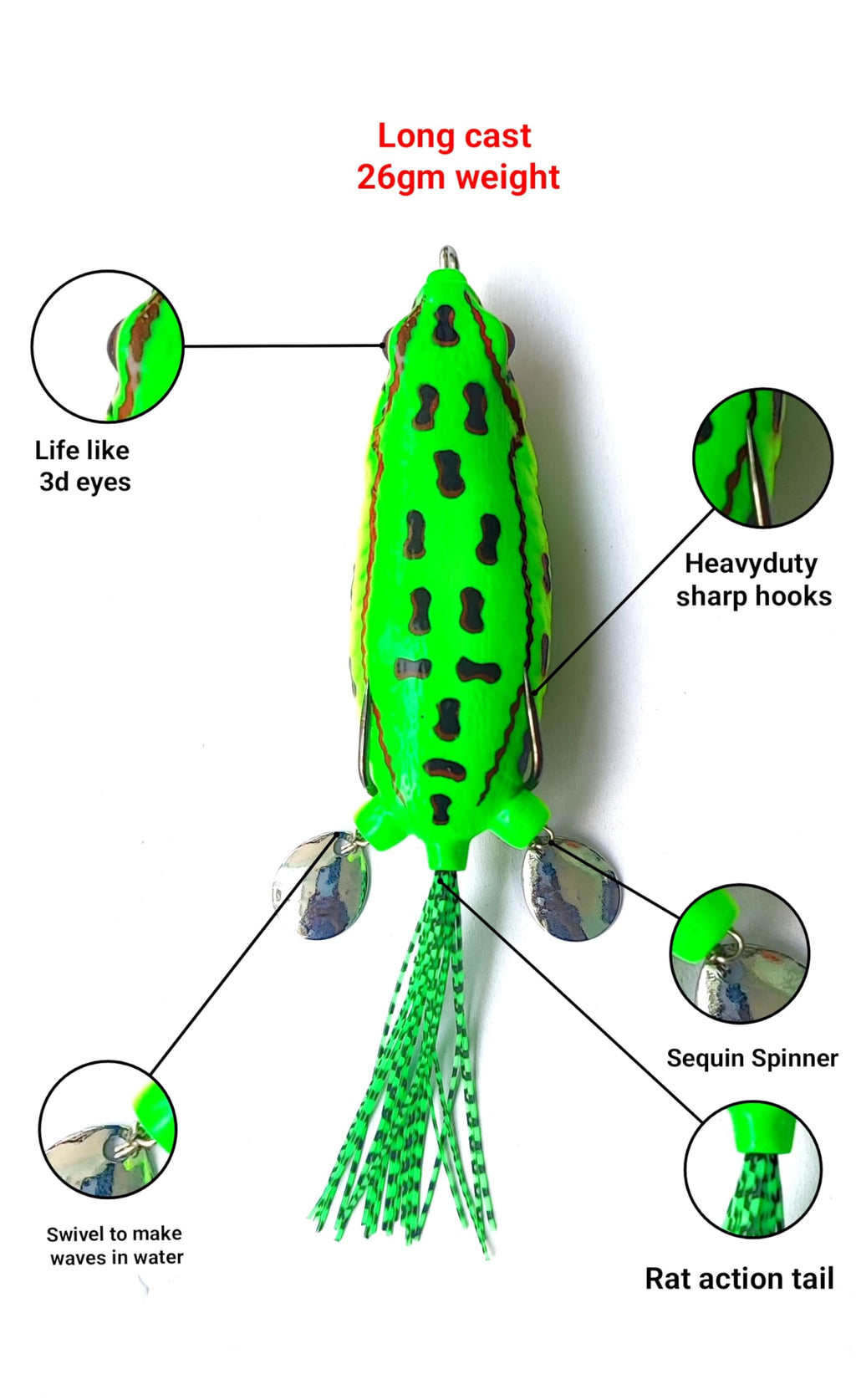 Top Water Rat Action Frog Lure with Sequin Spinning Legs 26gm