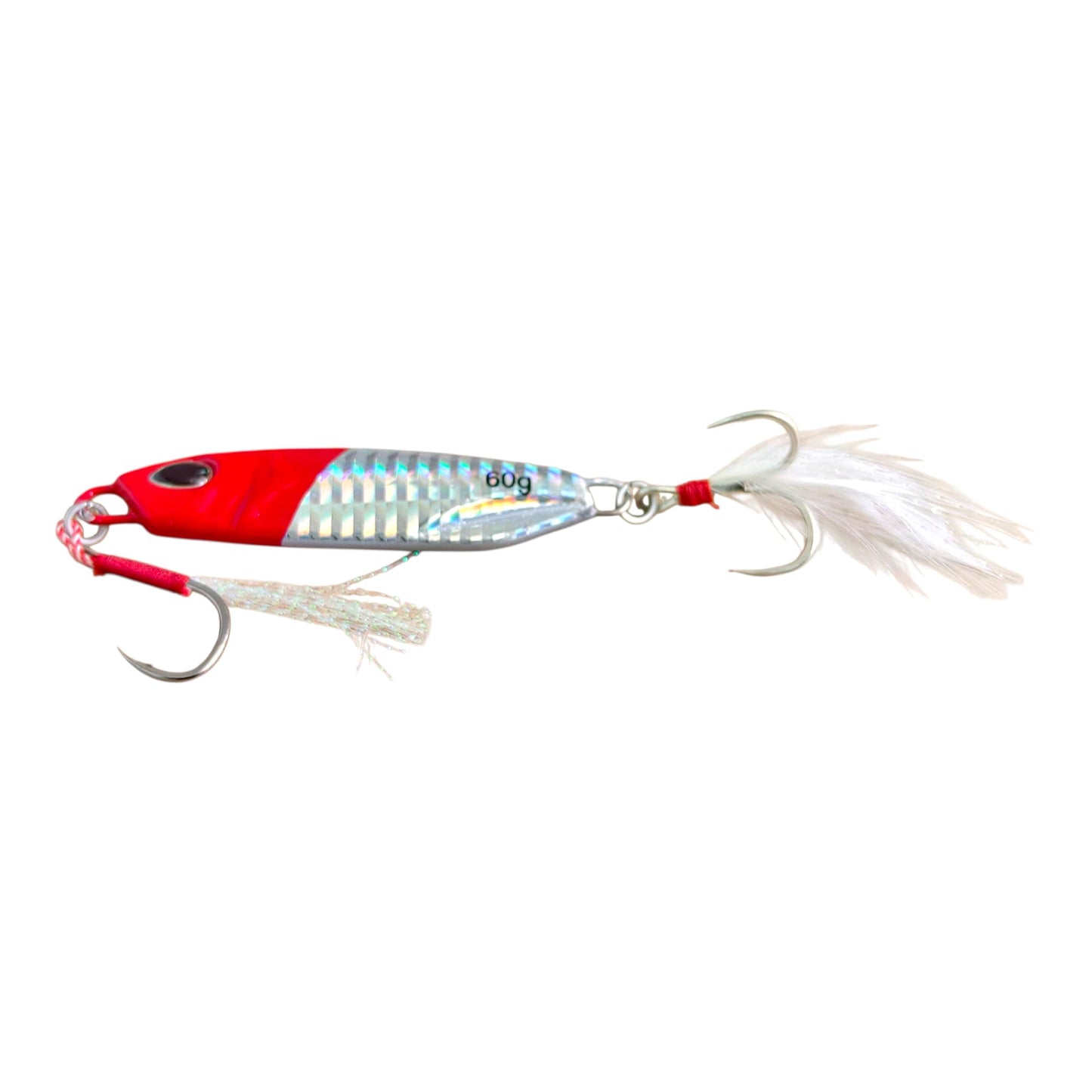 Premium Jigging Fishing Lure with Realistic Eyes, 60g Weight, Sharp 3X Treble Hooks, Skirted Glossy Finish, Assist Hook for Deep Sea Fishing