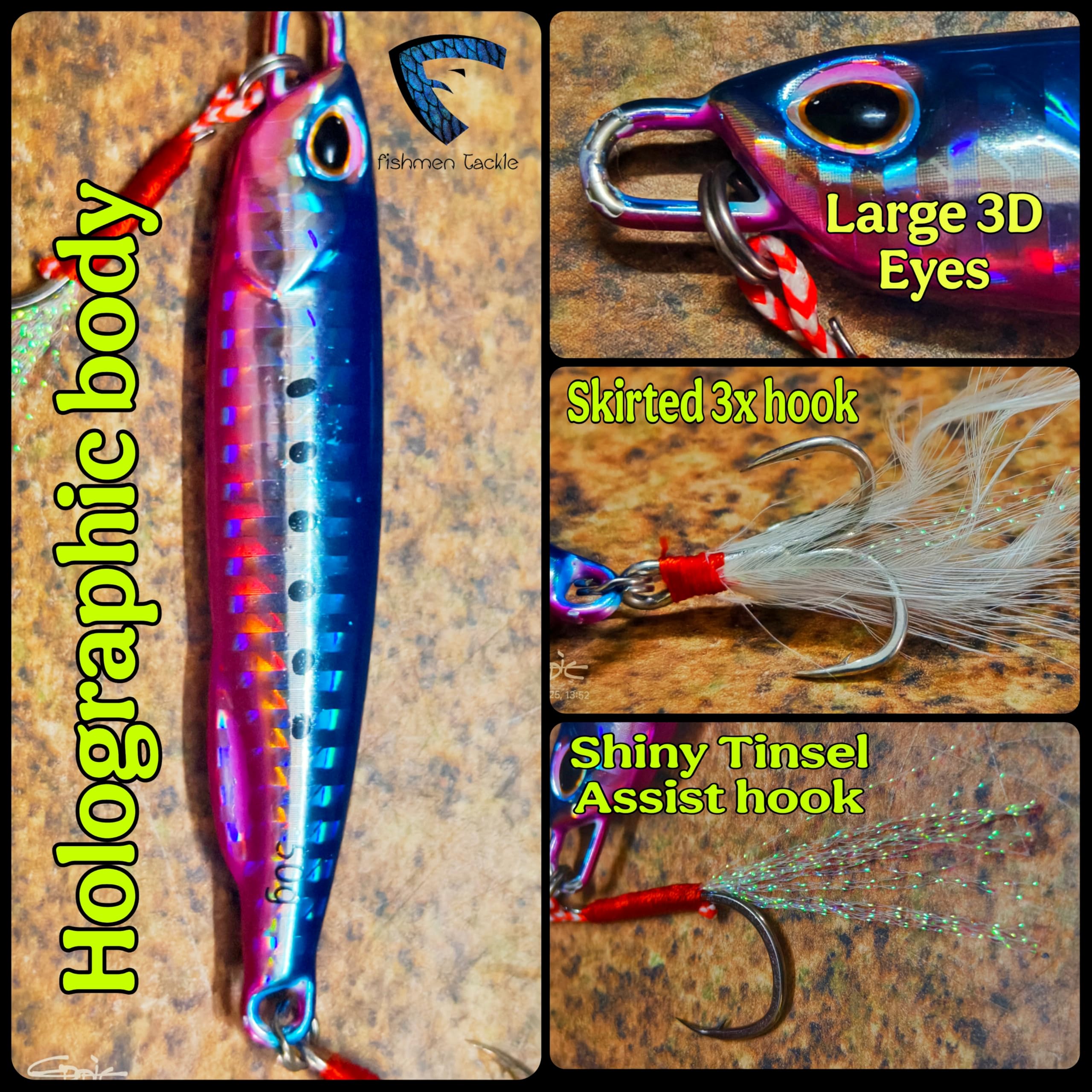 Fishmen Jig Fishing Lure, Blue Pink, 60 Gram, Skirted 3X Treble Hook with Shiny Tinsel, Sharp Needle Point Assist Hook, Realistic Large Eyes, for Jigging and Spinning