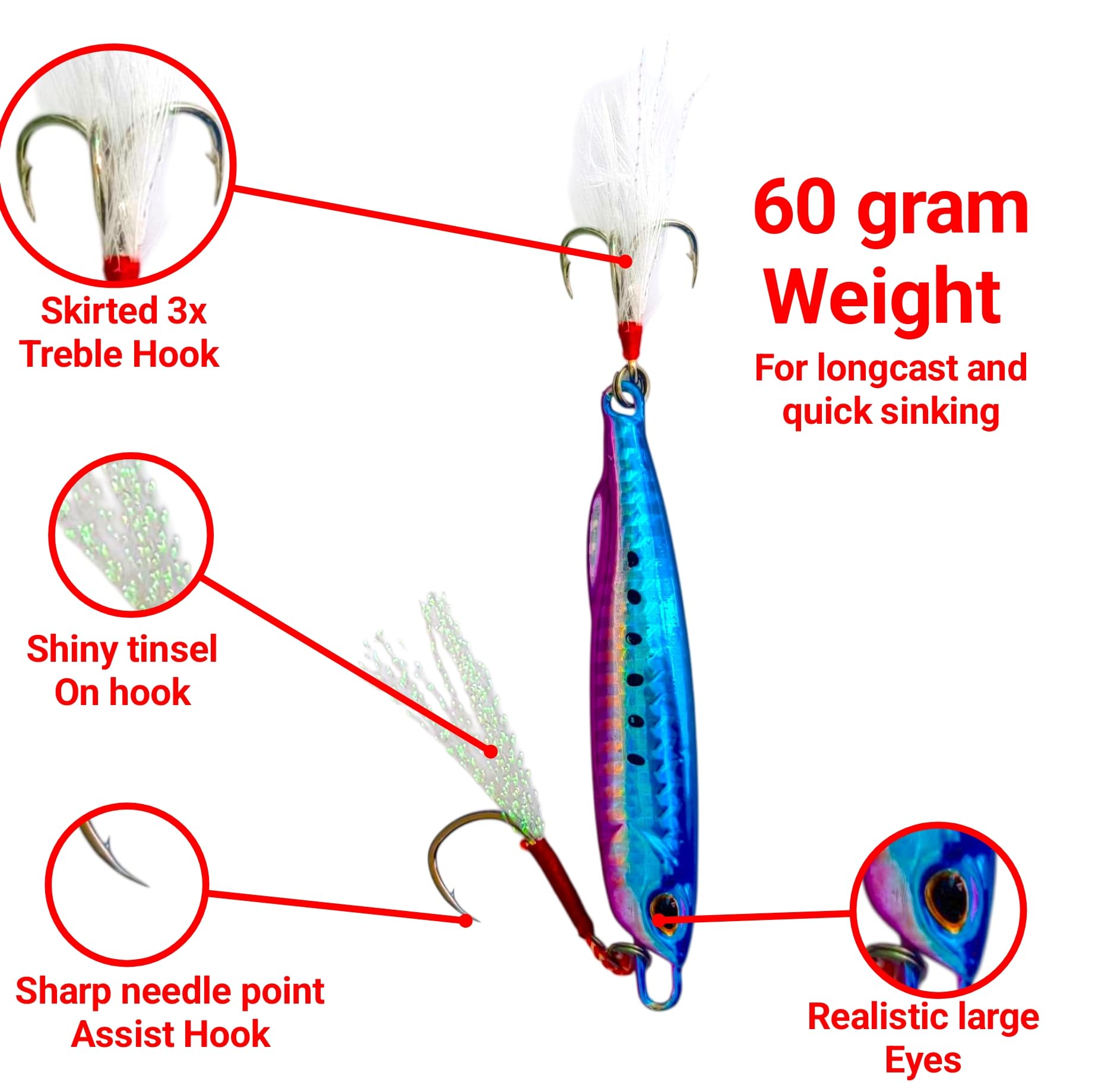 Fishmen Jig Fishing Lure, Blue Pink, 60 Gram, Skirted 3X Treble Hook with Shiny Tinsel, Sharp Needle Point Assist Hook, Realistic Large Eyes, for Jigging and Spinning