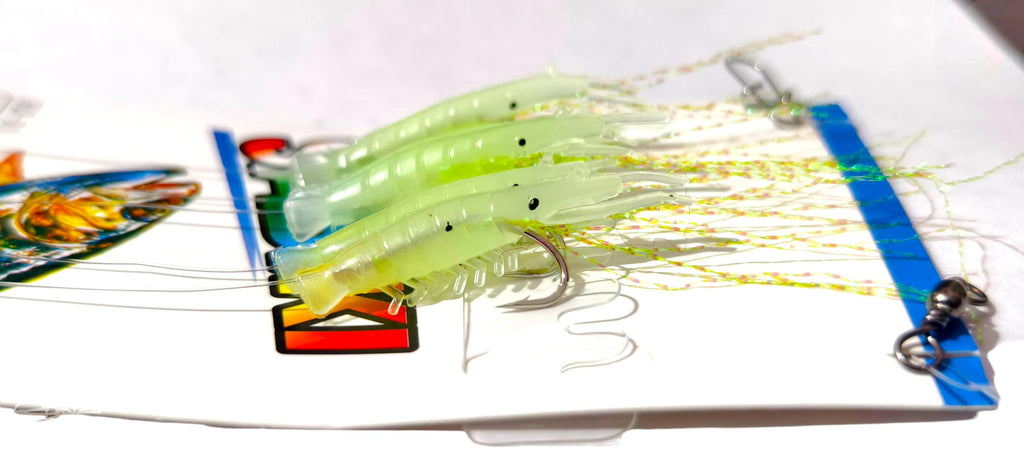 Sabiki Fishing Rig with Glow in Dark Shrimp Design, Sharp Hooks, Snap and Swivel Attachments for Mail Line and Sinker, Size 14 Hook