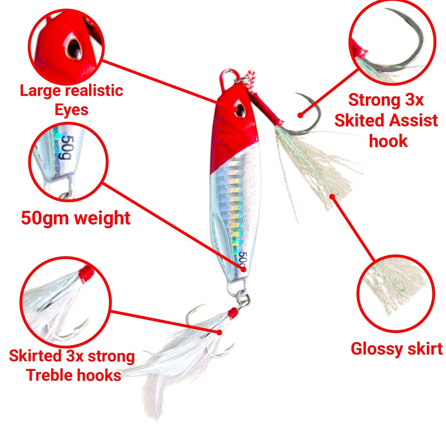 Fishmen Jig Red Head Fishing Lure, 50gm, with Realistic Eyes, Strong 3X Skirted Assist Hook, Glossy Skirt, Treble Hooks