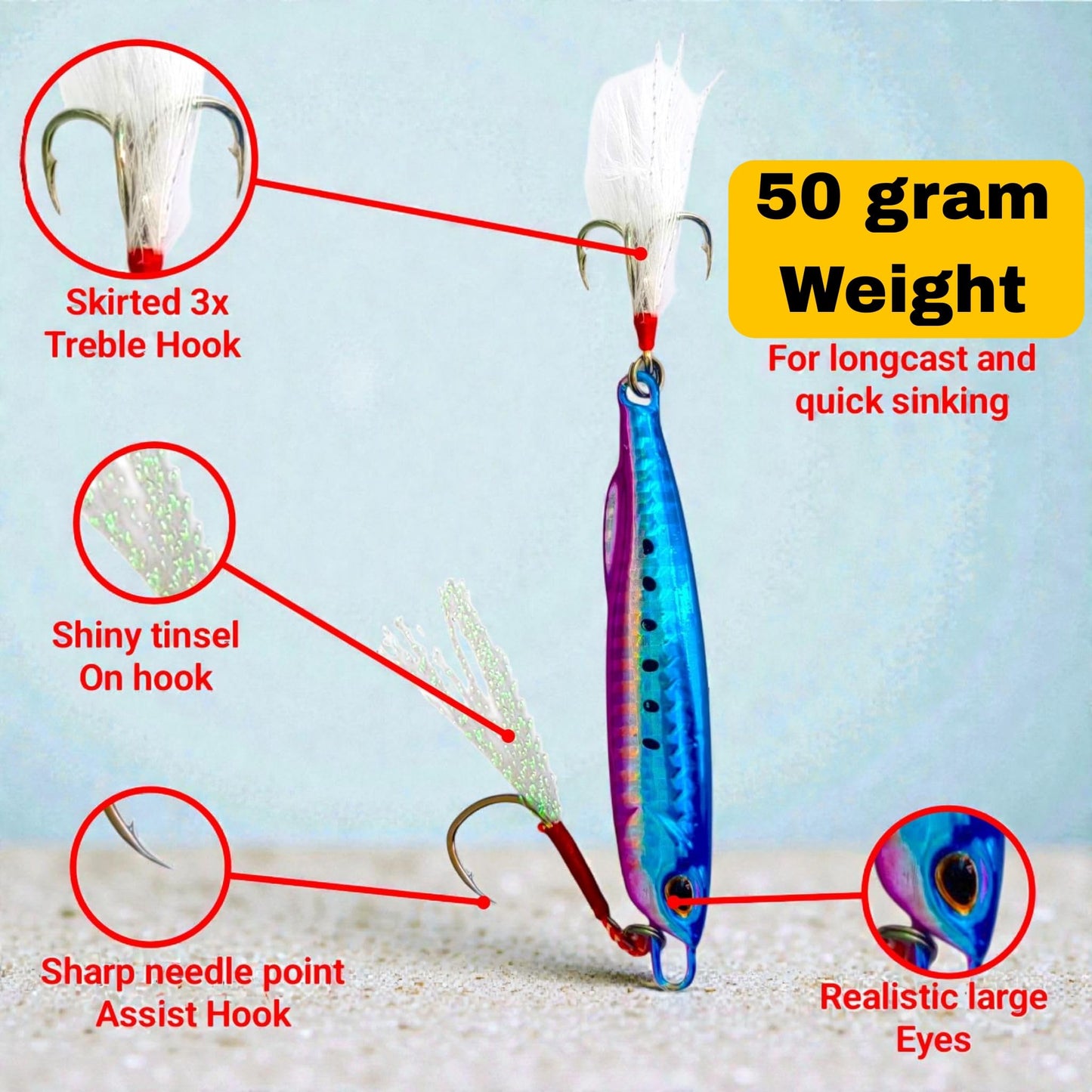 Fishmen Metal Jig Lure, Blue and Pink, 50 Gram, for Jigging and Spinning, Skirted 3X Treble Hook with Shiny Tinsel, Realistic Eyes, Quick Sinking