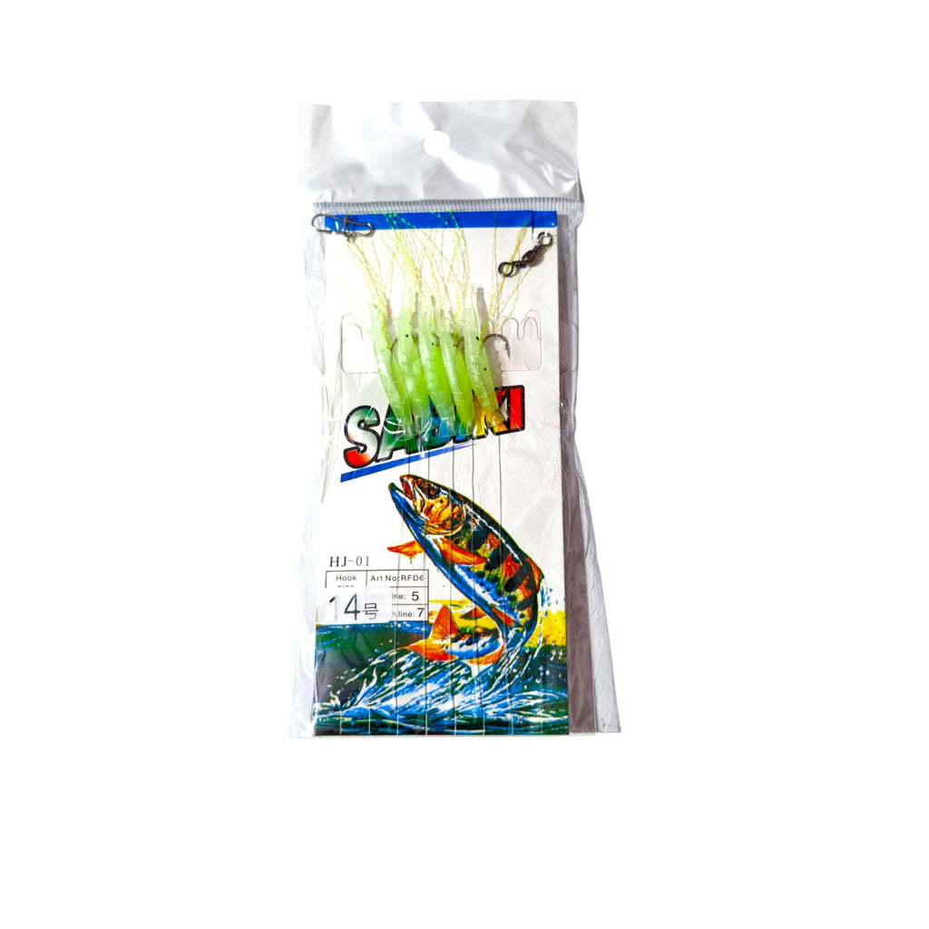 Sabiki Fishing Rig with Glow in Dark Shrimp Design, Sharp Hooks, Snap and Swivel Attachments for Mail Line and Sinker, Size 14 Hook