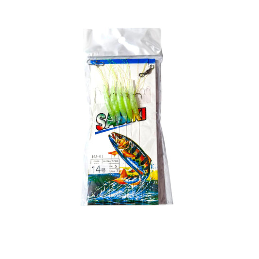 Sabiki Fishing Rig with Glow in Dark Shrimp Design, Sharp Hooks, Snap and Swivel Attachments for Mail Line and Sinker, Size 14 Hook